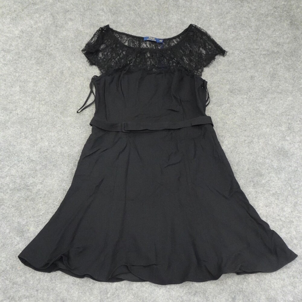 Polo Ralph Lauren Dress Womens 10 Lace Top Black Belted Lined Sleeveless Shift A